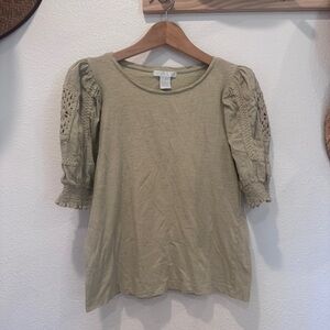 Design History Earthy Olive Boho Crochet Puff Sleeve Top Cottagecore Spring